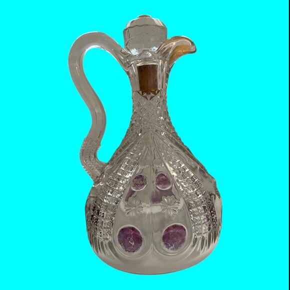 Vtg EAPG Glass Vinegar-Oil Cruet, Stopper Cranberry Flash Pitcher Dimple & Star - Picture 6 of 16